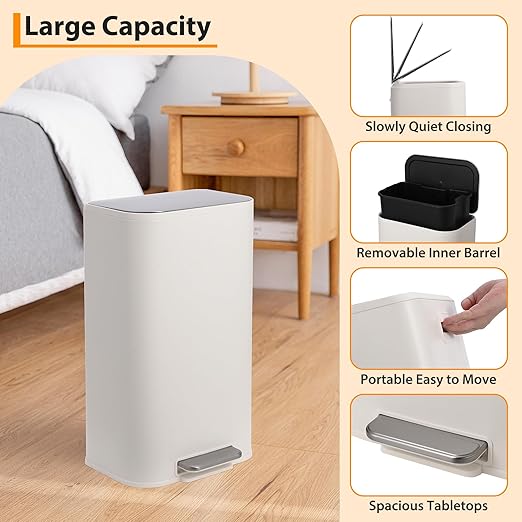 DYTesa 8 Gallon White Stainless Steel Foot Pedal Trash Can | Rectangular Slim Design Saves Space | Soft-Close Lid & Removable Inner Bucket | Stylish Garbage Bin for Kitchen, Office, Living Room