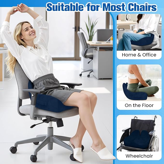 DailyCuddles Seat Cushion, Chair Cushions for Office Chairs/Desk Seats/Wheelchair - Hip&Sciatica&Tailbone Pain Relief Memory Foam Office Chair Cushion for Long Sitting Office Workers, Blue