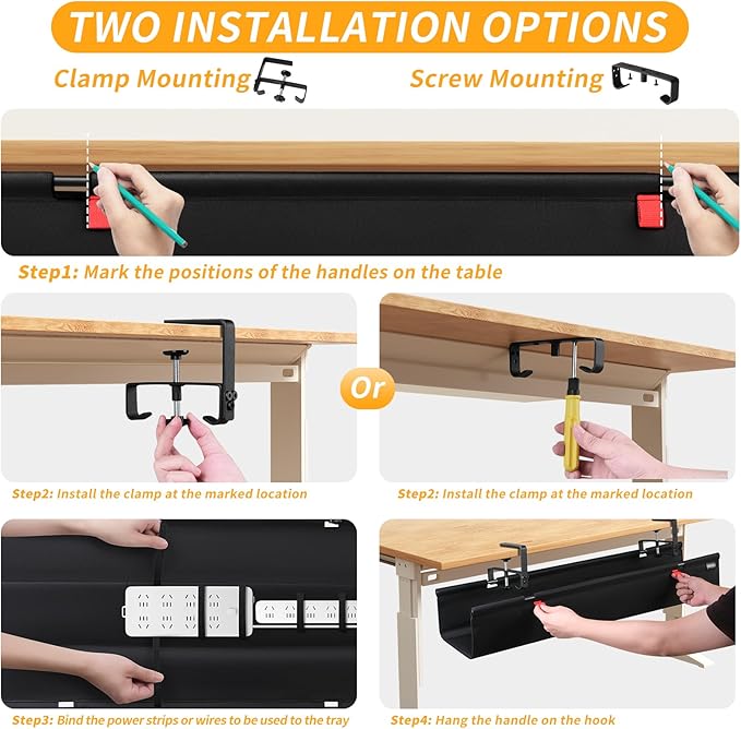 SUREUP9 No Drill Under Desk Cable Management Tray, 36" Cord Organizer with Clamp, Fabric Cable Management for Standing Desks, Ideal for Home & Office - Black