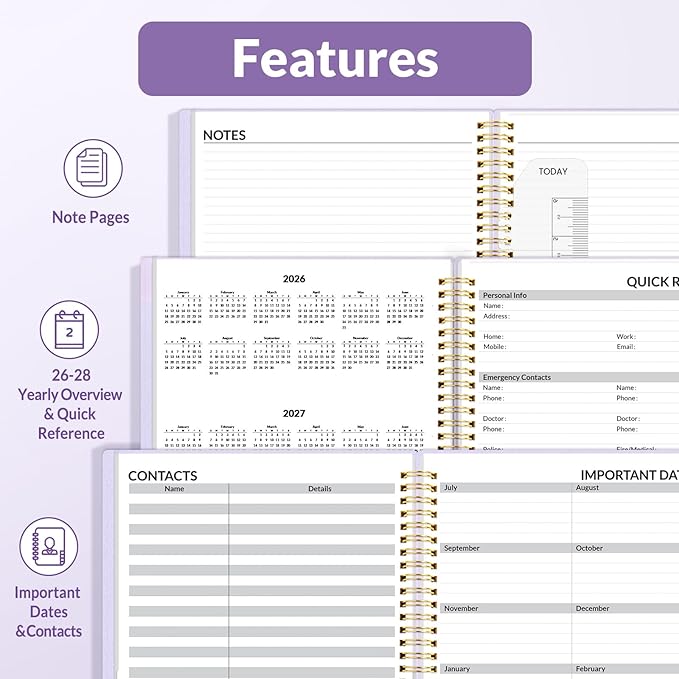 SUNEE 2026 Weekly and Monthly Planner - from January 2026 - December 2026, Daily Agenda Planner with Monthly Tab, Flexible Cover, Note Pages, Pockets, Bookmark, Spiral Binding, Purple, 8.5"x11"