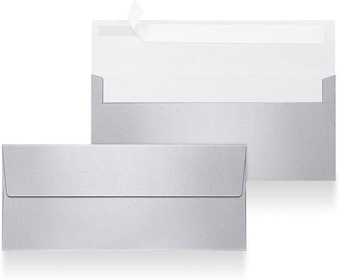 YooNotee 100 Count #10 Silver Metallic Business Envelopes, 80 lb, 4 1/8" x 9 1/2" Metallic Business Letter Size Envelopes, Peel & Press Square Flap, Printable for Professional Mailing and Office Use