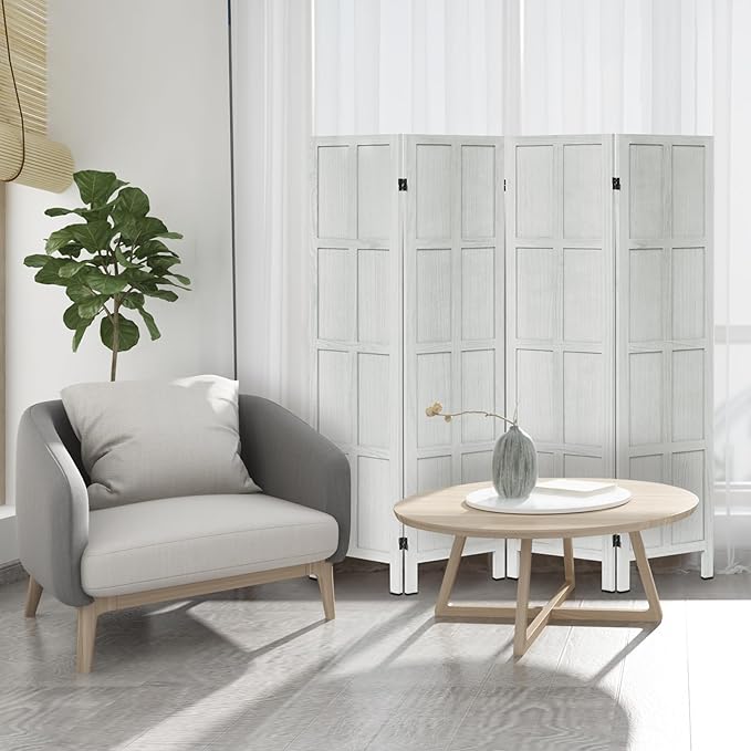Leesinwing Wood Room Divider 4 Panel Folding Privacy Screen, Classic 5.6Ft Indoor Wooden Partition, Portable Partition Wall Divider for Room Separation, Home, Office, Bedroom, Restaurant (White)