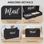 Two-Layer Solid Wooden Mail Storage Organizer Holder with Clear Acrylic Top and Bottom Drawer, Leather Handle, Keeping Mail, Bills, Letters, Cards and Office Supplies in One Place, Home Decor Gifts