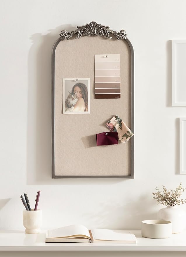 Kate and Laurel Arendahl Arch Pinboard; 13 x 25; Silver; Framed Arched Ornate Vintage Cork Board for Use as Motivational Vision Board or Wall Organizer