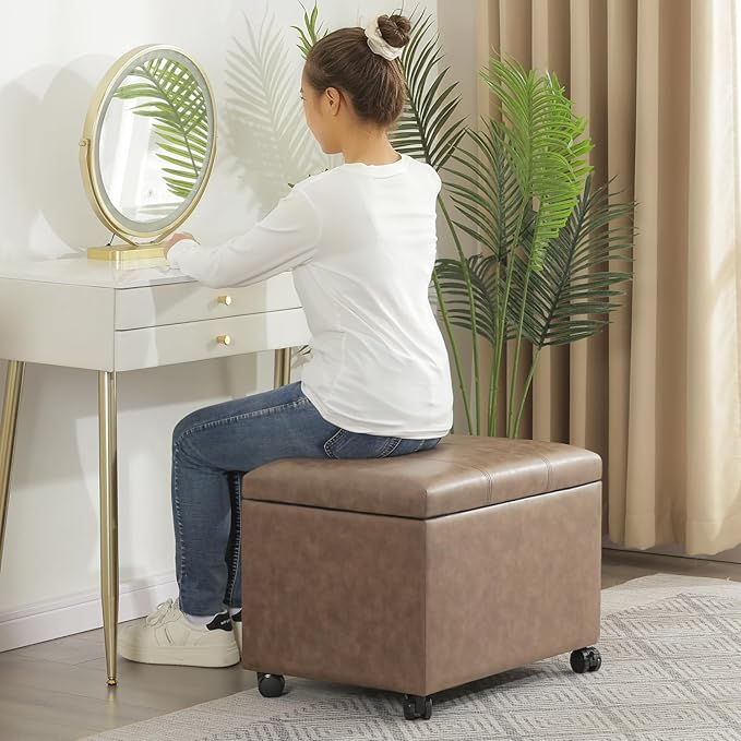 Joveco 24" Linen Storage Ottoman Bench with Wheels, Rectangle Foot Rest Stool for Living Room, Bedroom, Entryway, Earthy Light Brown Veining