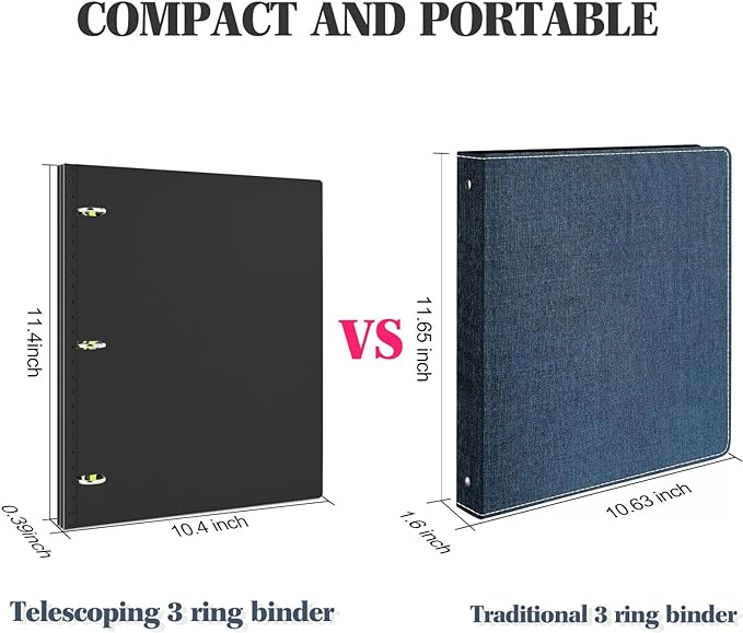 INFUN Telescoping 3 Ring Binder, Portable Plastic Binder with Telescoping Spine, 0.75 inch Rings， Foldable Front Cover Holds 8.5" x 11" Paper for School,Office and Homes-Black