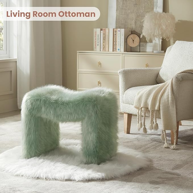 ZYKZYK Modern Vanity Stool Ottoman, Backless Faux Fur Small Footstool for Makeup Room, Living Room, Bedroom, Entryway Portable and Comfortable Seating (Single Piece) Green