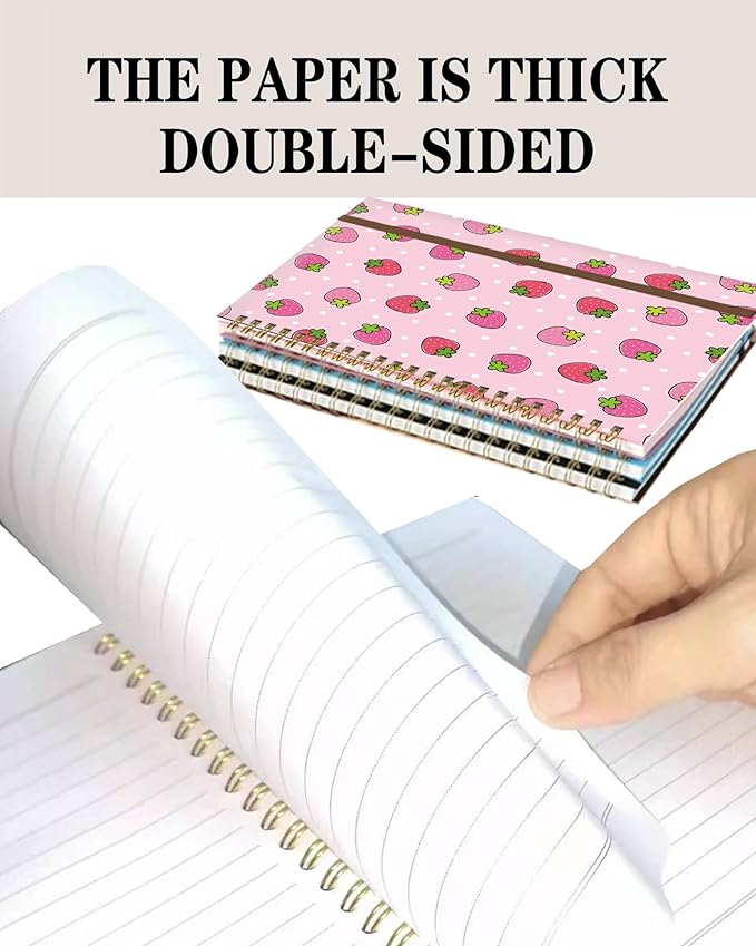 DHGPTS Spiral Journal Notebook, A5 Cute Notebooks for Women Men, College Ruled Hardcover Notebook for Work & Note Taking, 60 Pages Double-Wire Journals for Writing, Cute Strawberry