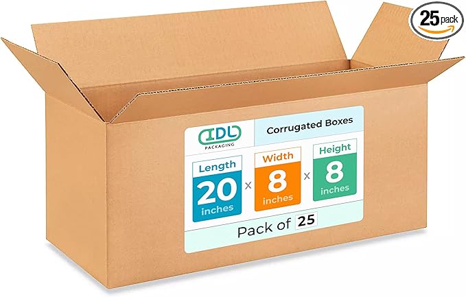 Long Shipping & Moving Boxes 20"L x 8"W x 8"H (25-Pack) - Extra Strength 200 lb vs Regular - Corrugated Cardboard Boxes for USPS/UPS/FEDEX - Box for Shipping - Packaging Box by IDL Packaging