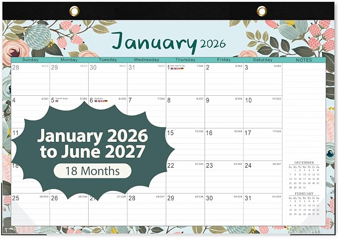 Desk Calendar 2026, Monthly Desktop Large Calendar (Jan 2026 - Jun 2027) 17" x 12" Desk Wall Planner for Family Teacher School Office Supplies, Flower