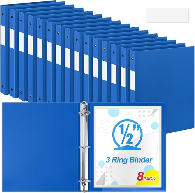 Henoyso 8 Pcs 3 Ring Binder 0.5 Inch Round Fits Letter Size 8.5'' x 11'' Paper Plastic Flexible Binder Bulk Holds 140 Sheets with 1 Pockets Versatile Organizer for Home Office School (Blue)