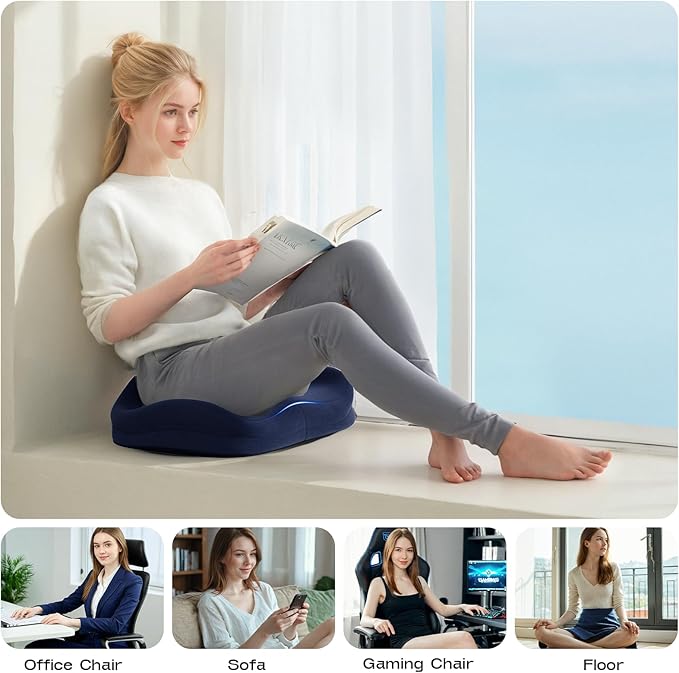 ZZ-WELL Seat Cushions for Office Chairs - Ergonomic Tailbone Pain Pressure Relief Seat Cushion - Extra Large & Thick Design Memory Foam Office Chair Cushion, 21.2" W X 16.5" L (Blue)