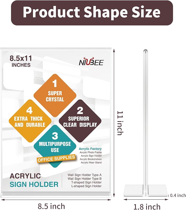 NIUBEE 12 Pack Acrylic Sign Holder 8.5 x 11 - T Shape Double Sided Clear Sign Holder for Table Top Display - Portrait Style