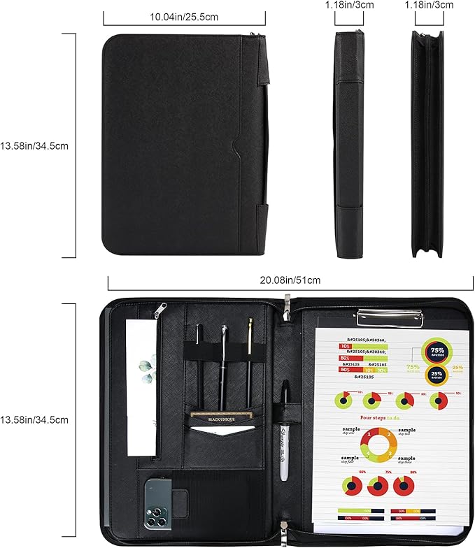 ProCase Portfolio Business Padfolio Folder with Handle and Zipper, Conference Meeting Executive File Legal Document Organizer with Pockets Letter Size A4 Writing Pad Notepad Padfolio -Allblack