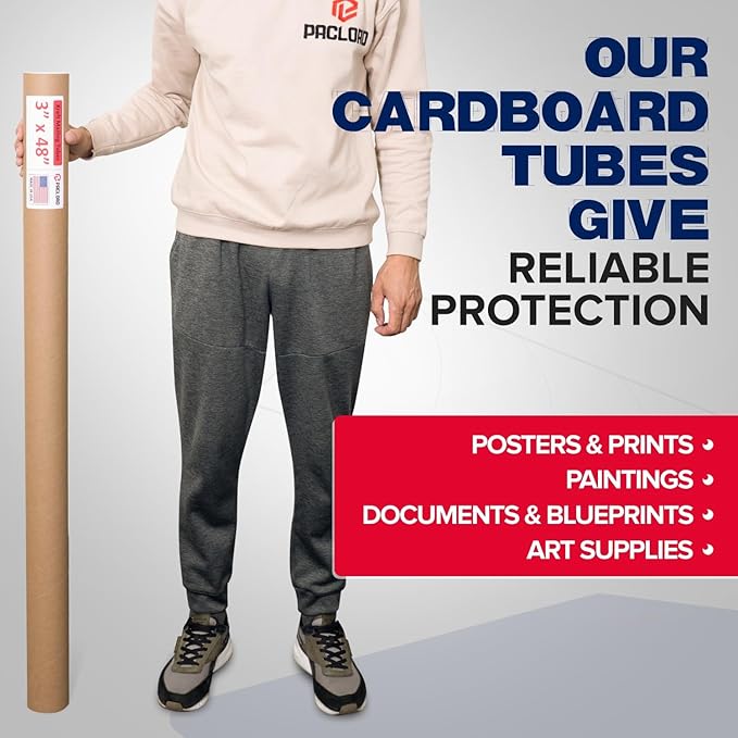 Paclord 3" x 48" Heavy-Duty Reinforced Cardboard Mailing Tube, Pack of 6 Tubes with 12 Caps – Secure USPS Approved – Great for Shipping and Storing of Prints, Artwork, Posters or Documents