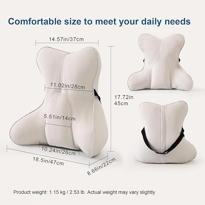 Ailuteie Lumbar Support Pillow(Pat. Pend) – Multi-Functional Ergonomic Back Cushion for Sofa Chair, Car Seat & Sofa, Reading Pillow with Firm Multi-Zone Support to Relieve Lower Back Pain, Misty White