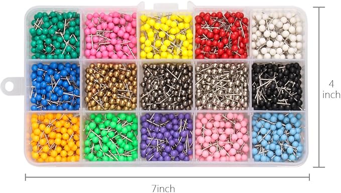 Yalis Push Pins Marking Map Tacks 1/8-Inch Plastic Beads Head, 15 Assorted Colors, 1500-count