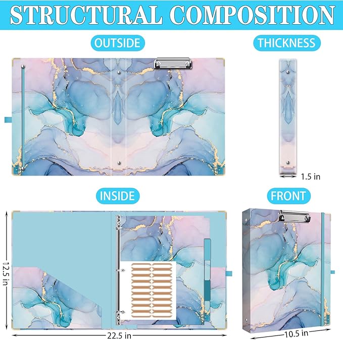 Lateefah 3 Ring Binder, 1 Inch Binder Organizer for Letter Size(8.5'' x 11'') with 5-Tab Dividers and Pockets, File Folders with Low Profile Clipboard for Office, School Supplies