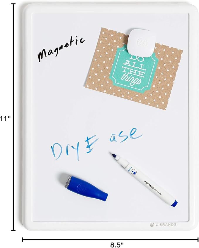 U Brands Contempo Magnetic Small Whiteboard, 8.5” x 11”, White Modern Frame, Mini White Board for Kids and Students, Fridge and Locker Dry Erase Board, Includes 4 Markers & Magnet