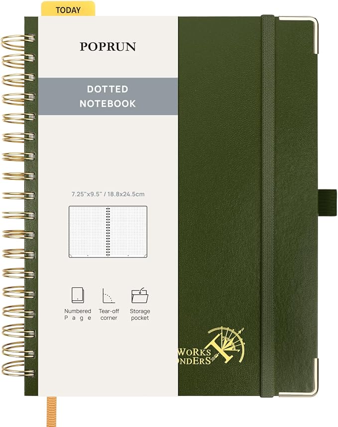 POPRUN Spiral Bullet Dotted Journal Notebook, 7-1/4" x 9-1/2" - 120 GSM Thick Paper, 220 Numbered Pages, Hardcover for Men & Women with Pocket, Index Tabs, 8 Perforated Sheets, Olive