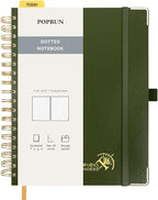 POPRUN Spiral Bullet Dotted Journal Notebook, 7-1/4" x 9-1/2" - 120 GSM Thick Paper, 220 Numbered Pages, Hardcover for Men & Women with Pocket, Index Tabs, 8 Perforated Sheets, Olive