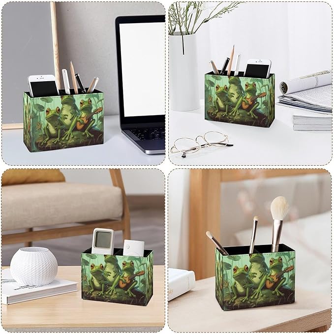 Famame Cute Funny Frog Music Team Pencil Holder for Desk, Leather Desktop Container Pen Cup Storage Study Table Pen Organizer Makeup Brush Holder for Classroom Office Home