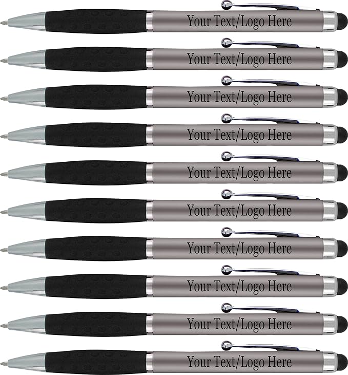 SyPen Personalized Pens With your Custom Logo or Text-300 Pack Bulk-for Businesses, Parties, and Events, 2 in 1 Ballpoint Pen & Stylus Compatible with Touchscreen Devices, Grey Barrel, Black Ink