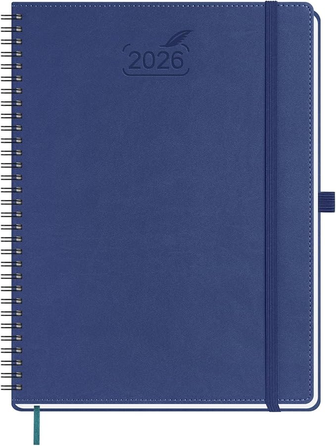 BEZEND 2026 Planner Weekly and Monthly (8.5" x 11" Spiral) Daily Calendar with Hourly Timeslots & Tab (Jan-Dec) Note & Expenses, Pen Holder, Inner Pocket, Vegan Leather Softcover - Blueberry
