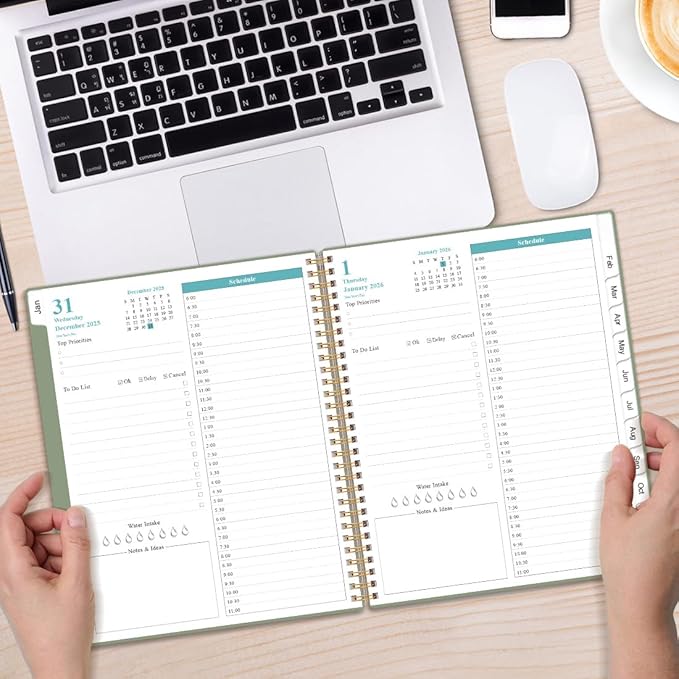 Daily Planner 2026 Full Page Per Day- 2026 Daily & Monthly Planner from January 2026 to December 2026, Day Planner 2026 with 12 Months Tabs, 8.5" x 11", Green