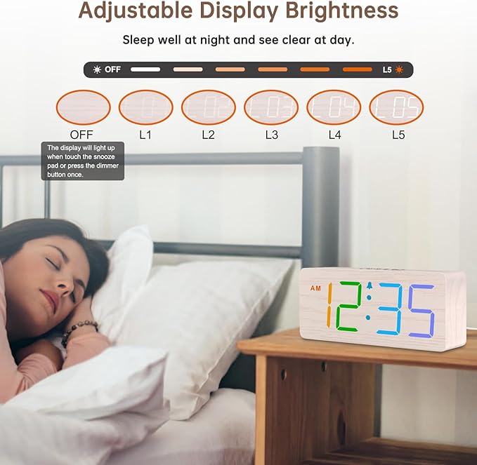 DreamSky Wooden Digital Clock for Bedroom Desk - RGB Loud Alarm Clock for Heavy Sleepers with Volume Control, Large Numbers with Dimmer for Living Room Office, Wood Decor (Plug in Clock)