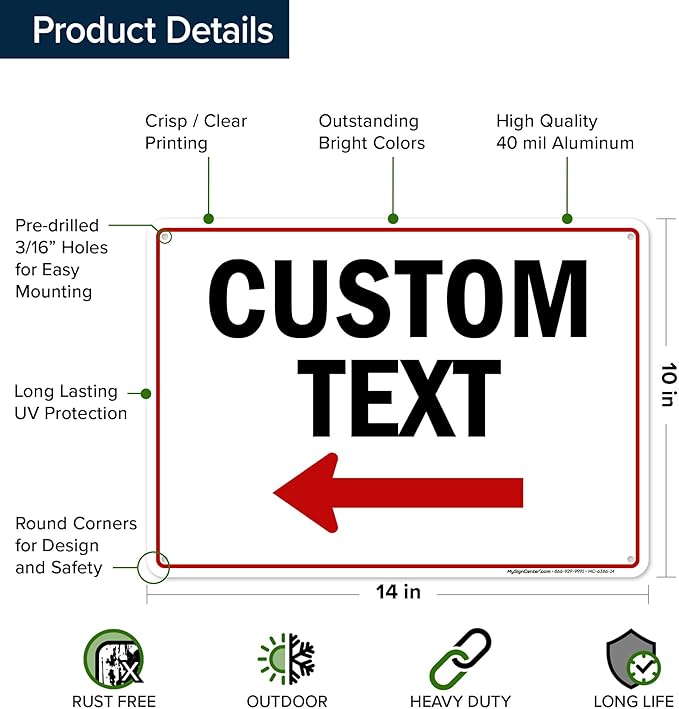 Custom Arrow,Custom Directional Sign, Left Arrow,10x14 Inches, Rust Free .040 Aluminum, Fade Resistant, Made in USA by My Sign Center