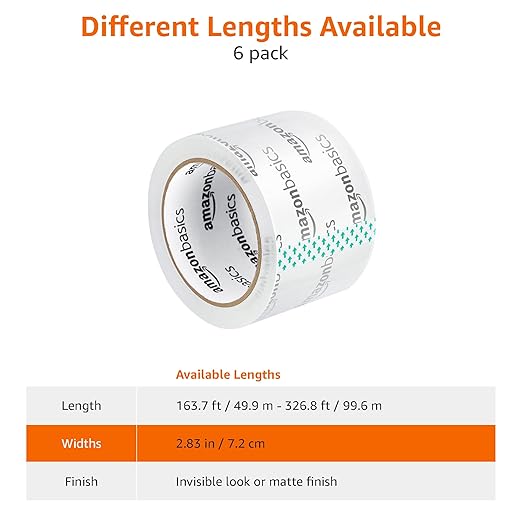 Amazon Basics Extra-Wide Packing Tape, Designed for Moving, Storage and Packing, Shipping and Mailing, Extra-Wide 2.83"W, Crystal Clear, Low Odor, 6-Pack