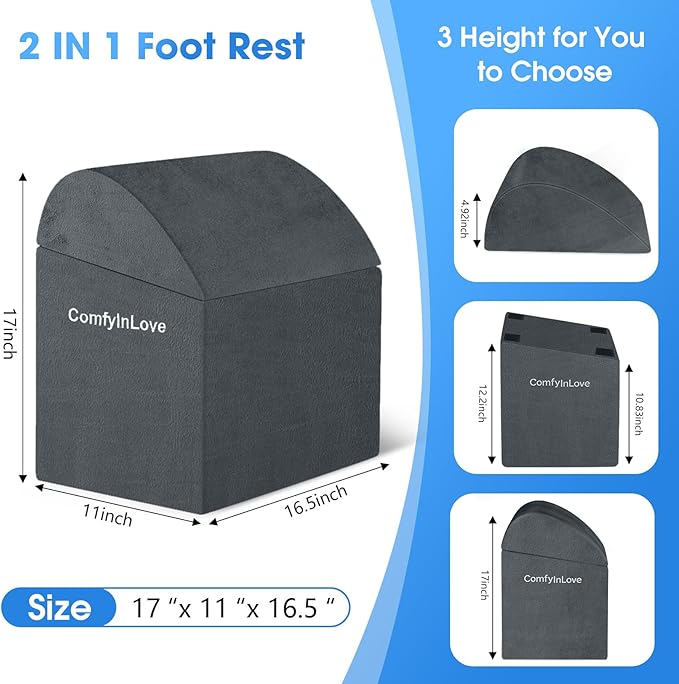 ComfyInLove Foot Rest for Under Desk at Work - Non-Slip Foot Stool with 3 Adjustable Heights, Ergonomic Under Desk Footrest with Washable Cover for Desk, Home, Office, Car (Dark Grey)