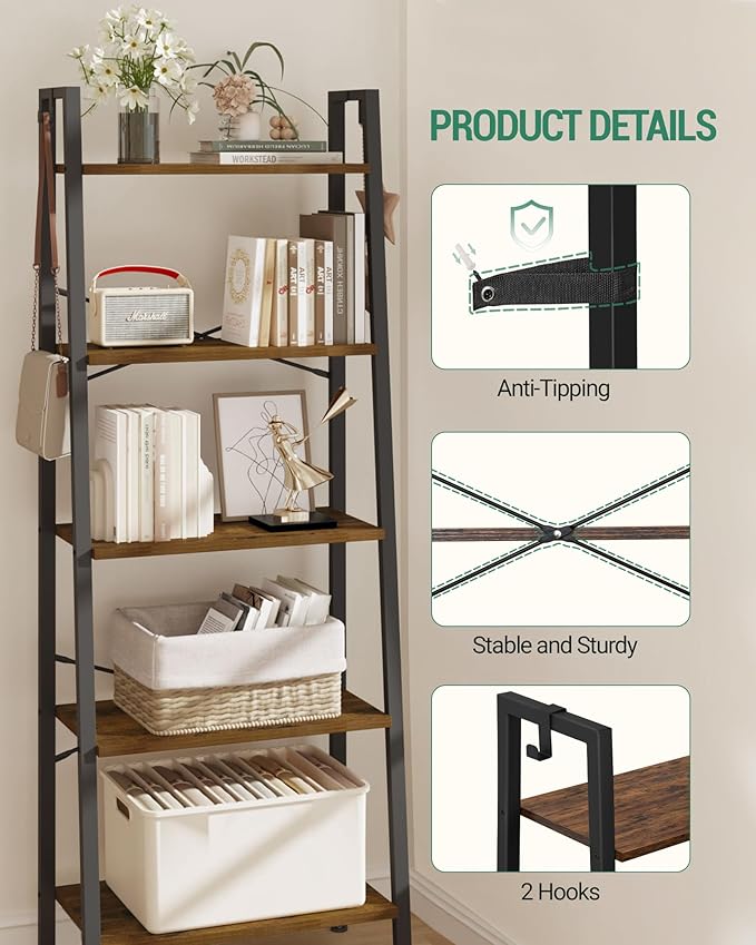 Hzuaneri Ladder Shelf, Bookshelf Bookcase, Freestanding Corner Storage Shelve with 2 Hooks for Home Office, Living Room, Kitchen, Bedroom, Industrial, 11.8" D x 23.6" W x 63" H, Rustic Brown BC19301B
