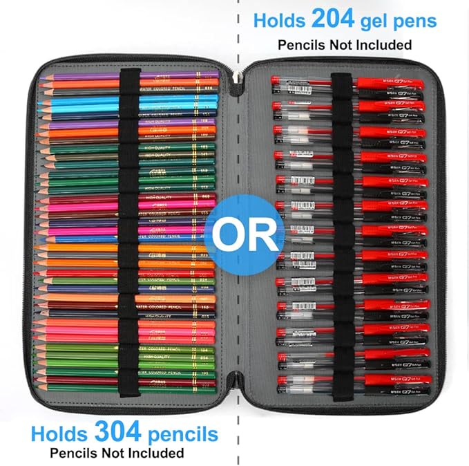 Vomgomfom Colored Pencil Case - Large Capacity PU Leather Pencil Holder with Zipper Closure for 300 Colored Pencils or 200 Gel Pens, Artist Pencil Case Organizer (Black)