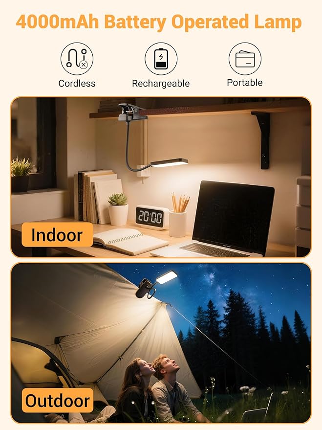 ReinHoo Clip on Light,9 Brightness+5 Color Rechargeable Desk Lamp,4000mAh Battery Operated Lights,450 Lumen 48 LED Desk Lamp with Clamp Light,Cordless Reading Lamps for Bed/Headboard/Bedside Table