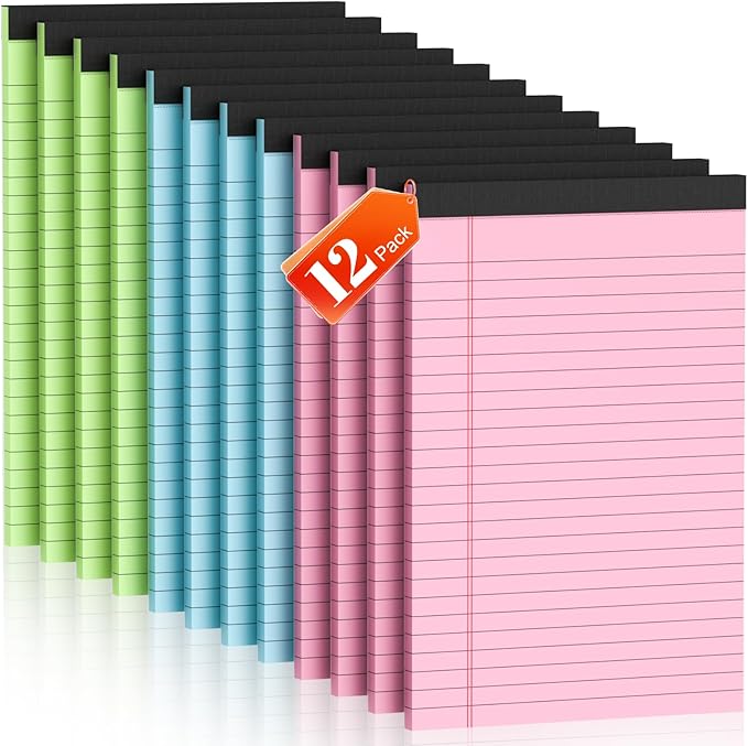 Nichela Legal Pads 5x8 12 Pack Note Pads College Ruled Notepad Pink/Green/Blue Perforated Small Legal Pads 80GSM Notepads 30 Sheets Writing Pads Line Paper Pad for School, College, Office, Business