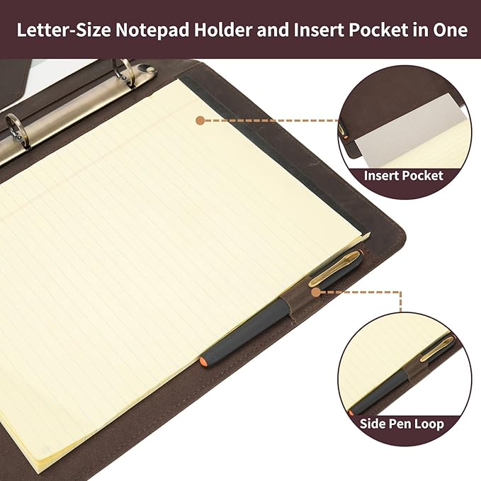Geslun Genuine Leather 3 Ring Binder, 8.5 x 11 Letter Size Folio with Pen Holder, Soft Notebook Portfolio Cover, Slim Notepad Padfolio Thin File Organizer for Work Executive Meeting, Dark Khaki