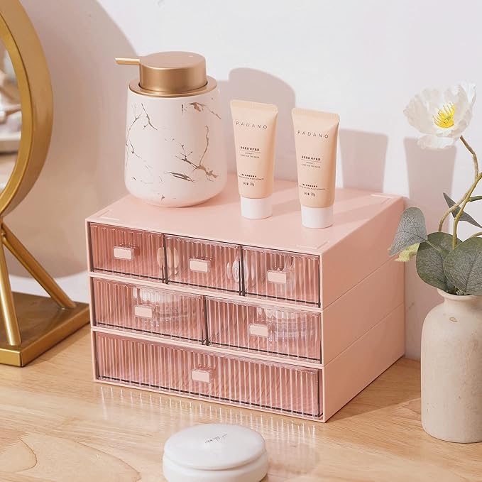 Ykpokir Desktop Organizer with Drawers - Stackable 3 Tier Desk Storage, Plastic Makeup Storage Accessories, Pink