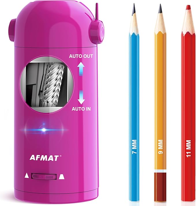 AFMAT Electric Pencil Sharpener, Fully Automatic Pencil Sharpener for Classroom, 7-11.5mm Colored/Jumbo Pencils, Auto in & Out, Rechargeable Hands-Free Sharpener for Home Office PSX5, Pink
