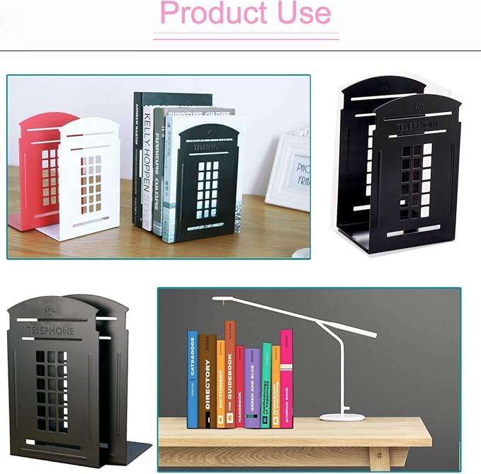 MerryNine 2 Pack Book Ends, Metal Bookends for Shelves, Telephone Booth Decorative Bookends, Non Skid Heavy Bookends, Book, Magazine or CD Organizers for Home and Office (Black-2pcs)
