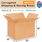 Medium Shipping & Moving Boxes 17 x 12 x 12 inches (5-Pack) - Extra Strength 200 lb vs Regular - Corrugated Cardboard Boxes, Made in USA - Durable Moving Box - Package Box by IDL Packaging