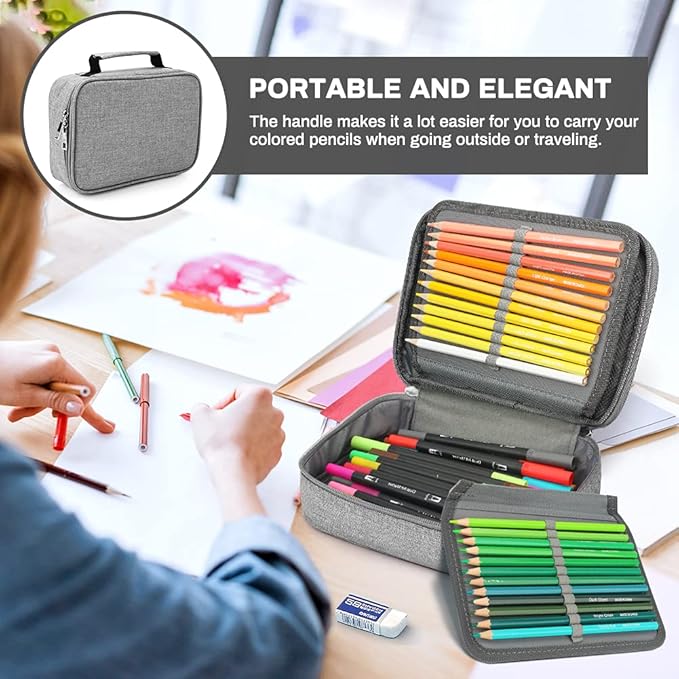 Number-one Large Capacity Pencil Case, 72 Slots Colored Pencil Pouch Bag Portable Pencil Holder Stationery Organizer with Compartments for Office and Travel, Grey