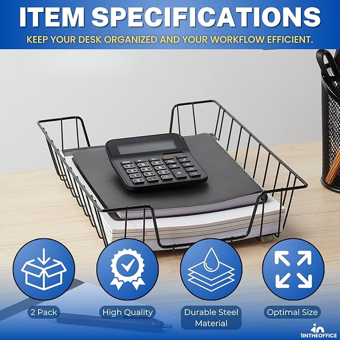 1InTheOffice Letter Tray, Paper Basket for Desk, Paper Trays, Front Load, Black Steel, 2 Pack