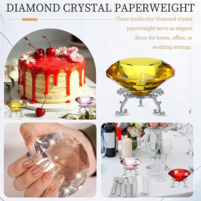 PATIKIL Diamond Crystal Paperweight, 100mm / 3.94" Crystal Paperweight Paper Weight with Silver 25 Metal Base for Home Office Desktop Table Decor Wedding Party Ornaments, Yellow