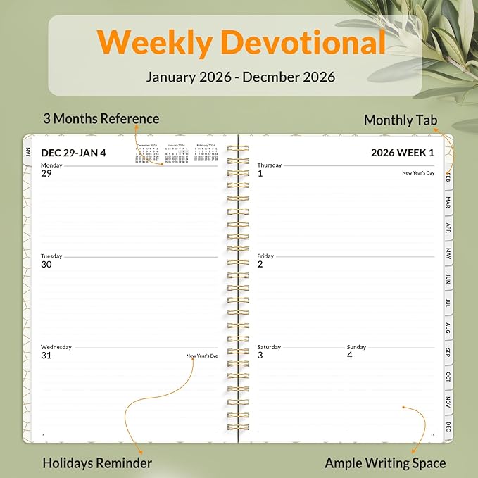 SUNEE 2026 Planner, Weekly and Monthly Calendar Planner, January 2026-December 2026, Daily Agenda with Tabs, Note Pages, Spiral Binding, 6.4"x8.3", Eucalyptus