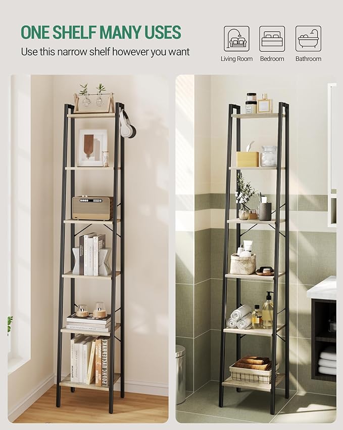Hzuaneri Ladder Shelf, Bookshelf Bookcase, Freestanding Corner Storage Shelve with 2 Hooks for Home Office, Living Room, Kitchen, Bedroom, Industrial, 11.8" D x 13.4" W x 72.8" H, Greige BC13305B