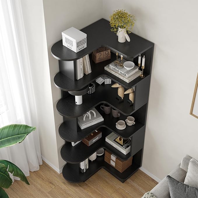 Farini 5-Tier Corner Bookshelf,L-Shaped Bookcase Freestanding Storage Shelf & Display Stand for Living Room, Office, Bedroom,Black