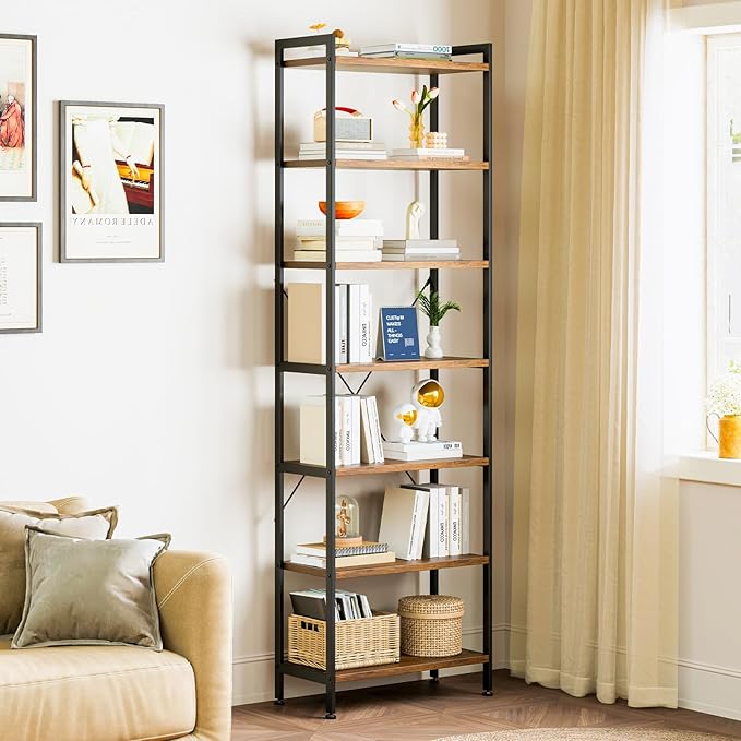 Casaottima Book Shelf, 7 Tier Tall Bookshelf, Modern Wood Bookcase Shelves for Bedroom, Industrial Display Shelf for Living Room Home Office Kitchen, Standing Shelving Unit Storage Organizer, Vintage