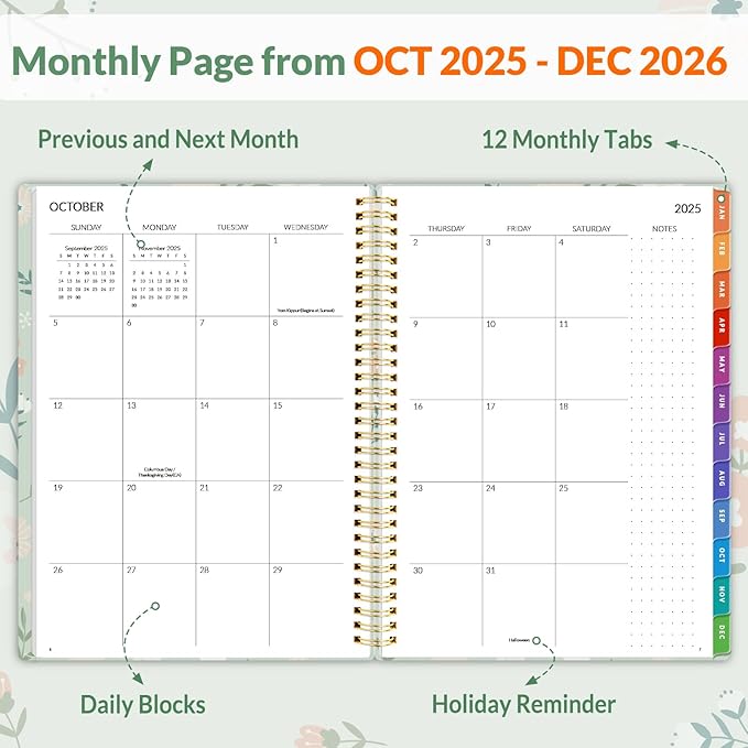 SUNEE 2026 Planner, Weekly and Monthly Calendar Planner, January 2026-December 2026, Daily Agenda with Tabs, Note Pages, Spiral Binding, 8.5"x11", Wildflowers